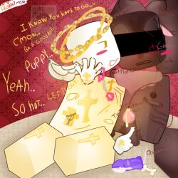 angel angel_and_demon angel_wings anthro black_censor_bar blush consensual demon_tail dildo disguise ears_down eyes_on_body facial_crest fluffy hairy_balls handcuffs hands_behind_head hooves peeing peeing_self pet_names sweaty top_surgery_scars trans_male urine whimpering whining wings_on_head