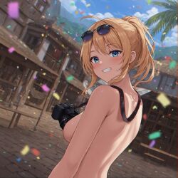 ai_generated alfredo_oriani_(azur_lane) azur_lane back blonde_female blonde_hair blue_eyes breasts camera camera_around_neck confetti head_turned looking_at_viewer looking_back mountain mountains no_nipples nude nude_female outdoors outside sardegna_empire_(azur_lane) smile smiling_at_viewer sunglasses sunglasses_on_head town