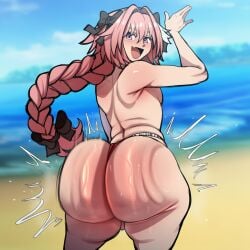 1boy :d ai_generated ass ass_clapping ass_focus astolfo_(fate) beach black_bow blue_sky blurry blurry_background blush bow braid braided_ponytail clapping_cheeks day femboy from_behind hair_intakes hairbow huge_ass long_braid long_hair looking_at_viewer looking_back male_focus meme multicolored_hair ocean oerba_yun_fang open_mouth otoko_no_ko outdoors pink_hair purple_eyes sand single_braid skin_fang sky smile solo streaked_hair thighs thong topless_male twerking water waving white_hair