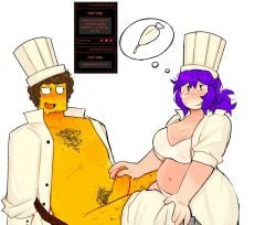1boy 1girls big_breasts brighteyes brown_hair chef_hat chubby chubby_female cleavage dick hairy_male husband_and_wife jerking open_clothes pants_down penis purple_hair request roblox roblox_admins robloxian shedletsky stomach straight strawpage_request sweat thought_bubble white_clothing whitetea2007 yellow_body