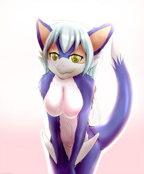 2014 anthro blue_fur blue_hair breasts female fur hair looking_at_viewer monster_hunter nargacuga pussy raaggu solo video_games white_fur yellow_eyes