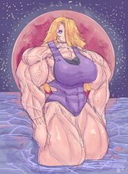 abs child_bearing_hips choker huge_arms huge_ass hyper_muscles liv_(raranana) long_hair looking_at_viewer moon muscular_arms muscular_female muscular_legs night night_sky raranana red_moon sad sea swimsuit veiny_muscles