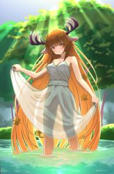 1girls antlers braid female_only ganze_382 indie_virtual_youtuber leaves_in_hair lifting_dress long_hair maple_alcesia moose_ears moose_girl orange_eyes orange_hair see-through see-through_clothing trees virtual_youtuber wading water