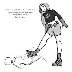 1boy 1girls ballbusting ballbusting_induced_orgasm ballbusting_orgasm celera_prime cfnm clothed_female clothed_female_nude_male female femdom nude_male sketch stomping_on_balls tagme