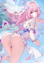 aqua_hair artist_name ass blue_sky breasts bridal_veil commentary_request cyrene_(honkai:_star_rail) cyrene_(ripples_of_past_reverie)_(honkai:_star_rail) dated demiurge_(honkai:_star_rail) diamond-shaped_pupils diamond_(shape) dress female flower hair_flower hair_ornament high_heels highres honkai:_star_rail honkai_(series) kkkula_(kula) large_breasts long_hair multicolored_hair panties pink_hair pointy_ears purple_eyes sky smile solo symbol-shaped_pupils underwear veil very_long_hair white_dress white_hair white_panties