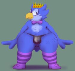 anthro ass avian beak bird blue_body blue_feathers bulge clothing crown detailed_bulge embarrassed eyewear feathers glasses headgear hi_res kings_of_hell lavir legwear male nerd owl pattern_clothing pattern_legwear pattern_stockings short_stack slightly_chubby solo stockings stolas_(kings_of_hell) striped_clothing striped_legwear striped_stockings stripes thick_thighs thong underbutt underwear