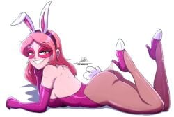 2020s 2025 bunny_ears bunny_girl bunny_tail bunnysuit cartoon_network elbow_gloves female high_heels instagram_link lace_pantyhose_hooked_on_heel_(meme) leotard looking_at_viewer miss_heed_(villainous) no_ai pantyhose pink_elbow_gloves pink_hair pink_leotard pink_skin pose sexy_pose smile solo superheroine the-butch-x villainous western_cartoon white_background