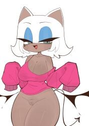 2025 absurd_res anthro bat big_breasts bottomless bottomless_anthro bottomless_female breasts cleavage clothed clothing dark_body eye_bags female genitals hair hi_res hss_dada huge_breasts innie_vulva lidded_eyes mammal navel off_shoulder open_mouth open_smile rouge_the_bat sega simple_background smile solo sonic_the_hedgehog_(series) sweater sweater_only topwear topwear_only vulva white_hair
