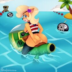 anthro bandicoot bomb boots breasts clothing cloud coco_bandicoot crash_(series) crash_bandicoot:_warped cute explosives female flower half_naked mammal marsupial nipples pinup pirate plant popesslodovica pose presenting pussy sea shirt sideboob sky solo tree tropical vehicle video_games water