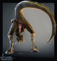 3d absurd_res anthro anus ass ass_up bent_over brown_scales claws closed_eyes dinosaur dragon erection genital_slit green_scales hi_res horn knot lizard low-angle_shot male male_only nude penis photorealism pinup pose precum presenting presenting_hindquarters presenting_penis raised_tail realistic rear_view reptile salireths scales scalie slit solo spread_anus spread_legs spreading standing