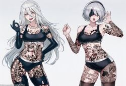 2girls africa_tattoo ai_generated android android_girl basicallynomore black_blindfold black_panties black_sports_bra blacked blacked_clothing blindfold blindfolded blindfolded_female blinds female long_hair long_hair_female looking_at_viewer nier nier:_automata nier_(series) open_mouth patreon patreon_link pubic_tattoo qos qos_clothing qos_tattoo queen_of_spades queen_of_spades_symbol queen_of_spades_tattoo short_hair short_hair_female sportswear tattoo tattoo_everywhere tattoo_on_thigh tattoo_on_thighs tattooed_thigh tattoos tattoos_everywhere thigh_tattoo tongue_out white_hair white_hair_female yorha_2b yorha_a2