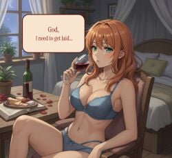 ai_generated bedroom cheese drinking_wine green_eyes light-skinned_female lingerie no_sex orange_hair redhead_female relaxed relaxing tan_skin text thinking wine wine_bottle wine_glass
