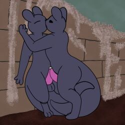 1:1 anthro balls black_body black_eyes bodily_fluids closed_eyes dirt feet feral genital_fluids genitals hi_res kissing male male/male mammal nude open_mouth passey_voppy penis plant rain_world selfcest slugcat square_crossover tail videocult vines white_body