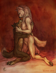 anthro australian_shepherd bluari canine couple cuddling dog duo eye_contact fur furry furry_only hug love male male_only mammal multiple_males nude sheath white_wolf yaoi