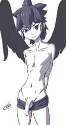 angel_wings black_hair dark_pit flaccid kid_icarus kid_icarus_uprising looking_at_viewer loomi male male_only penis red_eyes smirk solo undressing wings yaoi