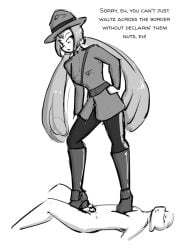 1boy 1girls ballbusting ballbusting_induced_orgasm ballbusting_orgasm celera_prime cfnm clothed_female clothed_female_nude_male femdom mountie nude_male sketch stomping_on_balls tagme