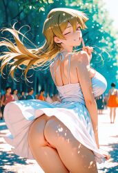 1girls ai_generated alexis_rhodes blonde_hair blush dress female flashing flashing_ass flashing_at_viewer happy long_hair looking_at_viewer male no_panties public public_exposure public_indecency public_nudity pussy shaved_pussy shush shushing smile sundress tagme tenjouin_asuka wink winking_at_viewer yu-gi-oh!