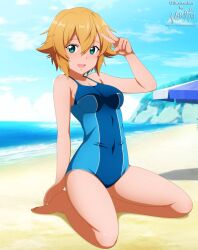 1girls 2d 2d_(artwork) 2d_artwork arm_up bare_calves bare_hands bare_knees bare_legs bare_shoulders bare_soles bare_thighs barefoot beach belly belly_button bikini blue_bikini blue_one-piece_swimsuit blue_sky blue_swimsuit blue_swimwear breasts brown-haired_female brown_eyebrows brown_hair calves clouds coast collarbone curvaceous curvaceous_body curvaceous_female curvaceous_figure curvaceous_hips curvaceous_thighs curvy curvy_body curvy_female curvy_figure curvy_hips curvy_thighs day daytime digital digital_art digital_drawing digital_drawing_(artwork) digital_media digital_media_(artwork) elbows exposed_arms exposed_legs exposed_shoulders exposed_skin exposed_thighs exposed_toes feet female female_focus female_only fingers full_body green-eyed_female green_eyes groin hair_between_eyes hand_up high_resolution highres horizon inframammary_fold inguinal_crease inguinal_ligament knees lean_figure legs legs_folded looking_at_viewer medium_breasts midriff narrow_waist navel ocean one-piece_swimsuit open_mouth open_mouth_smile outdoor outdoors outside parted_lips peace_sign philia sand sea seaside seiza short_hair shoulders shugo19 sign sitting sitting_on_floor sitting_on_ground sitting_on_knees sky slender_body slender_waist slim_waist smile smiley_face smiling smiling_at_viewer solo swimsuit swimwear sword_art_online takemiya_kotone thighs toes tongue v v_sign wide_hips