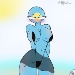 1girls bardoo beach big_ass big_breasts bikini blue_skin blushing countryhumans countryhumans_girl embarrassed eyelashes female female_only japan_(countryhumans) palau_(countryhumans) sky_background smiling sunlight tagme transparent_clothing