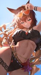 abs animal_ears armpits belly_button big_breasts bikini bikini_bottom bikini_pull bikini_top blue_background blue_eyes blue_sky blush breasts brown_hair brunette chain chains child_bearing_hips flower highres horse_ears horse_girl jewelry maruzensky_(umamusume) midriff miuyorumi nail_polish necklace rich_female sexy_pose solo_female sunglasses sunglasses_on_head sunlight swimsuit tagme toned toned_body umamusume umamusume_pretty_derby wide_hips