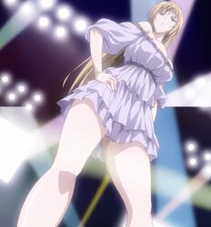 1girls adult adult_female anime_screenshot blonde_hair breasts cleavage dress female female_focus female_only from_below hand_on_own_hip ichinose_riko large_breasts legs long_hair looking_down looking_to_the_side model modeling mole no_bra off-shoulder_dress off_shoulder pose posing posing_for_the_viewer ran_sem ran_sen_hakudaku_delmo_tsuma_no_miira_tori short_dress solo stage_lights stitched supermodel viewed_from_below young_adult young_adult_female