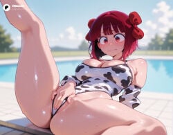 cartoony cartoon big_ass big_breasts large_breasts large_ass 1girls 1girl straight female solo_focus female_focus blurry_background blurred_background depth_of_field breasts ass thin_waist small_waist ai_generated odexai thick_thighs wide_hips absurd_res absurdres hi_res highres high_resolution high_quality arima_kana oshi_no_ko red_hair red_eyes blush short_hair cleavage thighs bob_cut bare_shoulders inverted_bob shiny_skin embarrassed blunt_bangs wavy_mouth alternate_breast_size medium_hair wedgie swimsuit animal_print one-piece_swimsuit cow_print detached_sleeves hair_bow casual_one-piece_swimsuit highleg_swimsuit spread_legs leg_up covering_privates sitting covering_crotch leaning_back looking_at_viewer reclining outdoors wet water pool poolside bow solo female_masturbation masturbation blurry closed_mouth sky sweat day red_bow partially_visible_vulva cloud blue_sky skindentation highleg