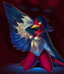 2014 anthro anthrofied avian beak bird blush breasts elpatrixf feathers female highres kneeling looking_at_viewer navel nintendo nipples non-mammal_breasts nude pink_nipples pokemon pokemorph pussy solo swellow wings