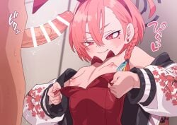 1boy 1girls ahoge asymmetrical_bangs bar_censor bare_shoulders blue_archive blush bow bowtie braid breasts bunnysuit censored cleaning_&_clearing_(blue_archive) closed_mouth commentary_request detached_collar earrings erection fake_animal_ears fake_rabbit_ears female hair_between_eyes hairband halo highres huge_ahoge jacket jewelry large_variant_set leotard leotard_pull light-skinned_female light-skinned_male light_skin long_sleeves looking_at_another millennium_science_school_student mole mole_under_each_eye mole_under_eye multiple_moles neru_(blue_archive) neru_(bunny)_(blue_archive) nipples off_shoulder official_alternate_costume open_clothes open_jacket paid_reward_available penis pink_hair playboy_bunny red_bow red_bowtie red_bunnysuit red_eyes red_leotard robo_mikan sensei_(blue_archive) short_hair single_braid small_breasts smile solo_focus straight strapless strapless_leotard stud_earrings sukajan sweat tag trembling upper_body variant_set
