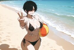 1girls ai ai-created ai_art ai_generated beach beachball belly bikini black_bikini black_eyebrows black_eyelashes black_eyes black_hair breasts collarbone cowboy_shot curvy curvy_body curvy_female curvy_figure day depth_of_field deviantart_link eyebrows eyelashes female female_focus female_only foreshortening hair_covering_eye hair_over_one_eye holding_ball holding_beachball holding_object large_breasts light-skinned_female light_skin looking_at_viewer looking_to_the_side madoka_(uersor) nails navel peace_sign pixie_cut sea see-through_clothing shiny_skin shirt short_hair side-tie_bikini side-tie_bikini_bottom side-tie_panties smile solo solo_female swept_bangs t-shirt teeth thick_thighs thin_waist tied_shirt tomboy uersor waves wet wet_body wet_clothes wet_hair wet_skin white_shirt white_skin white_t-shirt wide_hips young_female