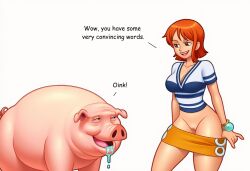 animal boar bottomless chakoozie clothing exposed_pussy female flirting nami_(one_piece) no_panties one_piece pantless pig pulling_down_pants pulling_skirt skirt_pull speech_bubble stripping talking undressing undressing_self zoophilia