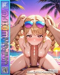 1boys 1girls ai_generated beach blonde_hair breasts charlotte_pudding eyewear_on_head fellatio female hard_nipples jewelry large_penis light-skinned_male looking_at_viewer male medium_breasts nipples one_piece patreon penis ringlets sunglasses sunset twintails uncensored vaporwaifu vaporwave wet_skin
