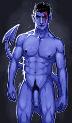 1boy abs balls ballsack black_hair blue_skin dangling_testicles demon_tail erect_nipples facepaint flaccid_penis foreskin humanoid humanoid_penis intact kurt_wagner lean_muscle looking_at_viewer low_hanging_balls male male_nipples male_only male_pubic_hair manly marvel marvel_comics masculine muscular_male nightcrawler nude_male partially_retracted_foreskin pecs penis pockyrumz pointed_ears pointy_ears scrotum smooth_penis solo tail testicles uncensored uncut x-men yaoi