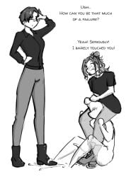 1boy 2girls ballbusting ballbusting_induced_orgasm ballbusting_orgasm celera_prime cfnm clothed_female clothed_female_nude_male femdom nude_male sitting_on_person sketch stomping_on_balls tagme