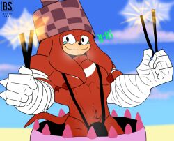 anthro arm_wraps armpit_hair bacon_sama beach big_muscles big_pecs black_mankini bodily_fluids body_hair bulge cake chin_tuft clothing dessert echidna facial_tuft food gay gay_male hi_res knuckles_the_echidna looking_at_viewer male mammal mankini monotreme muscular muscular_male musk musk_cloud musky_penis nervous nervous_smile one-piece_swimsuit pecs penis pop_out_cake prostitution pubes reference sega sling_bikini solo sonic_(series) sonic_boom sonic_the_hedgehog_(series) sparkler sparkles stuttering swimwear tears tuft wraps yaoi