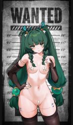 1female android bandaid female green_eyes green_hair green_nail_polish maebari mecha_musume mugshot nail_polish naked pasties qian_tan qingyi_(zenless_zone_zero) solo thighhighs zenless_zone_zero
