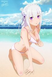 1girls 2d 2d_(artwork) 2d_artwork :o arm_support bare_belly bare_calves bare_chest bare_hands bare_hips bare_knees bare_legs bare_midriff bare_navel bare_shoulders bare_soles bare_thighs barefoot beach belly belly_button bikini bikini_bottom bikini_only bikini_pull bikini_top bikini_top_pull blue_sky breasts calves cleavage clouds coast collarbone day daytime digital digital_art digital_drawing digital_drawing_(artwork) digital_media digital_media_(artwork) elbows emilia_(re:zero) exposed_arms exposed_belly exposed_chest exposed_hips exposed_legs exposed_midriff exposed_navel exposed_shoulders exposed_skin exposed_thighs exposed_toes feet female female_focus female_only fingernails fingers flower flower_hair_ornament flower_in_hair flower_on_head full_body groin hair_ornament hair_ornaments half_naked half_nude halterneck high_resolution highres horizon knees lean_figure legs legs_folded long_hair looking_at_viewer medium_breasts midriff naked naked_female naked_woman narrow_waist navel nude nude_female nudity ocean open_mouth outdoor outdoor_nudity outdoors outside parted_lips purple-eyed_female purple_eyes re:zero_kara_hajimeru_isekai_seikatsu sand sea seaside seiza semi_nude shoulders shugo19 sitting sitting_on_floor sitting_on_ground sitting_on_knees sky slender_body slender_waist slim_waist solo string_bikini swimsuit swimwear thighs toes white-haired_female white_bikini white_bikini_bottom white_bikini_top white_hair white_string_bikini white_swimsuit white_swimwear wide_hips