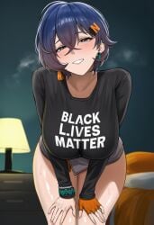1girl 1girls accessories ai_generated bed bedroom belle_(zenless_zone_zero) black_lives_matter blue_hair blush blushing confident earrings female female_only hands_on_knees hanging_breasts head_tilt heavy_breathing huge_breasts jewelry lamp leaning_forward looking_at_viewer netorare ntr shikicum69 shirt smug solo standing steam sweat sweaty thick_thighs wide_hips zenless_zone_zero