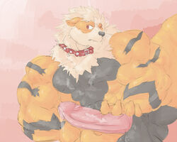 abs arcanine balls biceps big_muscles big_penis black_fur blush canine collar cum cum_on_chest erection fur hand_on_penis male male_only mammal masturbation muscles nintendo one_eye_closed orange_fur pecs penis pokemon pokemon_(species) red_eyes signirsol solo video_games