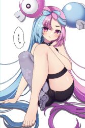 ... ass barefoot blue_hair blush bow-shaped_hair cameltoe character_hair_ornament commentary_request feet female grey_pantyhose hair_ornament highres iono_(pokemon) knees_up legs long_hair looking_at_viewer multicolored_hair nintendo no_shoes pantyhose pink_hair pokemon pokemon_sv popo_(popopuri) single_leg_pantyhose single_pantyhose speech_bubble split-color_hair spoken_ellipsis teeth thighs toenails toes two-tone_hair