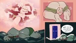 ass_up battat_(deltarune) caught_masturbating cuntboy deltarune dialogue fingering_self hands_everywhere imagination jongler_(deltarune) laying_on_stomach masturbation small_mike_(deltarune) text_bubble trans_man underwear_only vaginal_masturbation