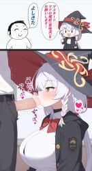 1boy 1girl afterimage black_hat blue_archive blush bow bowtie braid breasts censored chibi commentary_request diagonal-striped_bow diagonal-striped_bowtie diagonal-striped_clothes doodle_sensei_(blue_archive) erection eri_(blue_archive) fellatio hair_between_eyes halo hat heart hetero highres jacket kneeling large_breasts long_hair long_sleeves mosaic_censoring motion_lines murasaki3 open_fly open_mouth oral penis penis_out ponytail red_bow sensei_(blue_archive) shirt side_halo simple_background solo_focus speech_bubble speed_lines striped_bow striped_bowtie striped_clothes tilted_halo two-sided_fabric two-sided_headwear unbuttoned_jacket white_hair white_shirt witch_hat yellow_eyes yellow_halo