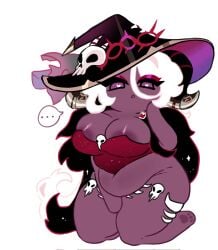 ... colored cookie_run cookie_run_kingdom cookie_run_ovenbreak costume covered_nipples crimson_stride_of_freedom dark_enchantress_cookie heart-shaped_pupils long_hair_female magpiered magpieredd solo_female staring_at_viewer text witch_hat