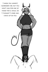 1boy 1girls ballbusting ballbusting_induced_orgasm ballbusting_orgasm celera_prime cfnm clothed_female clothed_female_nude_male demon_girl demon_horns denki_anma female femdom femdom_pov muscular_female nude_male pov sketch stomping_on_balls tagme