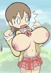 1girls aioi_yuuko breasts brown_hair bursting_breasts female female_only huge_breasts jacket navel nichijou nipples o_o open_jacket open_mouth outdoors pleated_skirt red_ribbon red_skirt sailor_collar school_uniform shocked short_hair skirt solo surprised swoiffer2 white_sailor_collar wide-eyed