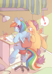 ! blue_eyes blush cum cutie_mark drawing duo equine female feral friendship_is_magic hair inside mammal multicolored_hair my_little_pony paper pegasus pencil penis rainbow_dash_(mlp) rainbow_hair scootaloo_(mlp) sitting whisperingfornothing wing_boner wings