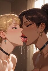 2girls ai_generated bangs blonde_female brunette_hair bun_hair choker cleavage close-up close_up_view curtains dark_skinned_female drooling earrings face_focus green_eyes hair_strand half_closed_eyes lesbian_kiss light_skinned_female lipstick red_eyes rgomez007 saliva saliva_string saliva_trail salivating sloppy sloppy_kiss soft_blush spit_trail stable_diffusion thick_lips tongue_kiss tongue_out updo warm_colors warm_lighting window window_light yuri