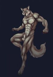 1boy 2014 abs anthro balls biceps black_nose bleakcat blue_eyes canine claws fangs fur grey_fur looking_at_viewer male male_only mammal muscles nipples nude open_mouth pecs penis pose sheath smile solo standing teeth toe_claws toned tongue wolf