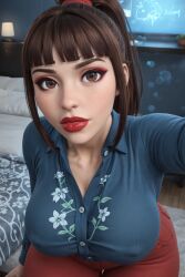 1girls 3d 3d_(artwork) ai ai_generated baelee_(oc) big_ass big_breasts blunt_bangs brown_hair busty button_down_shirt jeans ponytail radnsad red_lipstick solo solo_female solo_focus thick_thighs tight_clothing