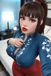 1girls 3d 3d_(artwork) ai ai_generated baelee_(oc) big_ass big_breasts blunt_bangs brown_hair busty button_down_shirt cleavage jeans ponytail radnsad red_lipstick solo solo_female solo_focus thick_thighs tight_clothing