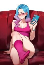 ai_generated brown_eyes couch disgusted embarrassed female from_below glasses gradient_hair gym_uniform looking_away pink-framed_eyewear pink-framed_glasses pink_hair pov self_upload shoes shorts socks sports_bra steam sweat tank_top thighs viriai wavy_hair